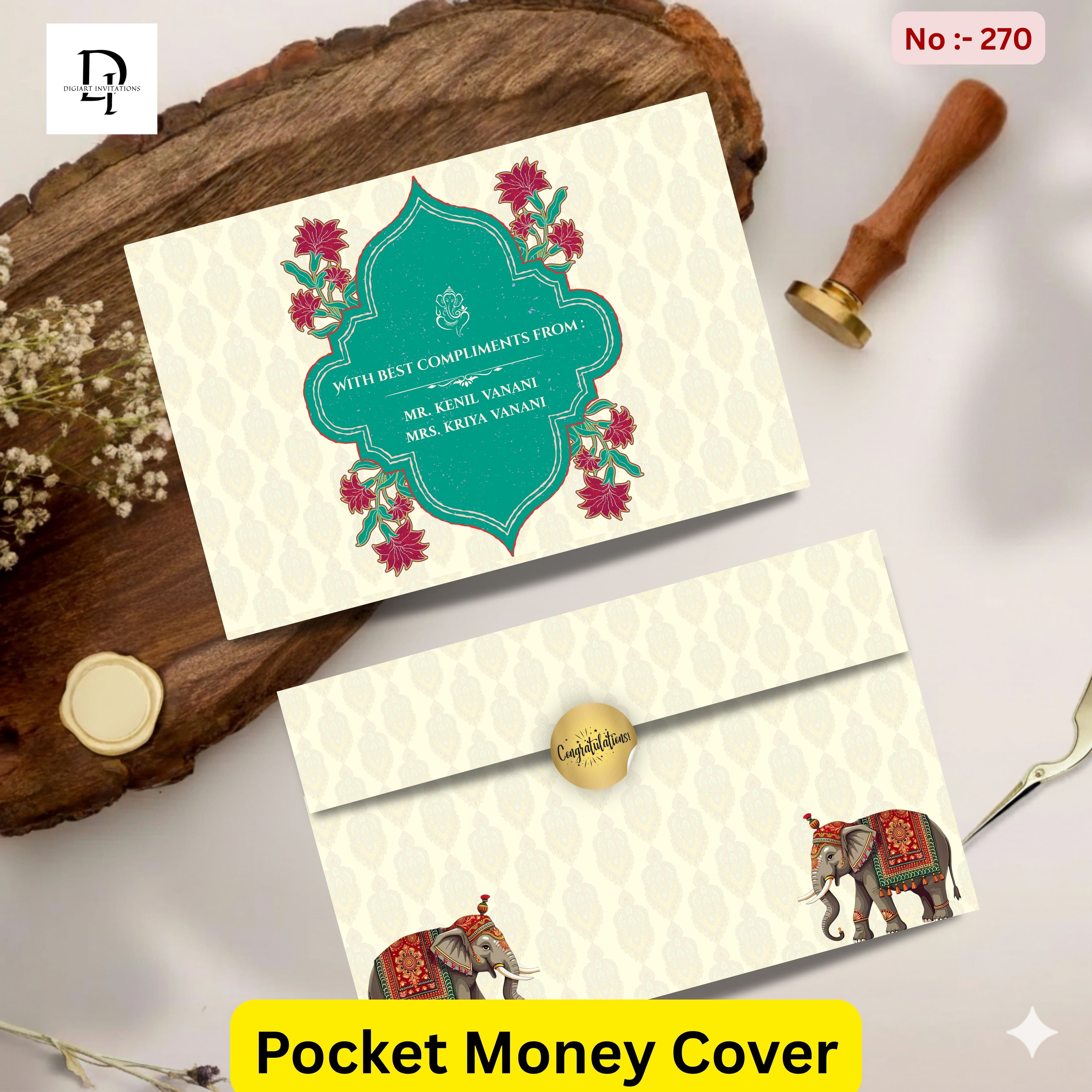 Royal Elephant & Teal Frame Pocket Shagun Cover