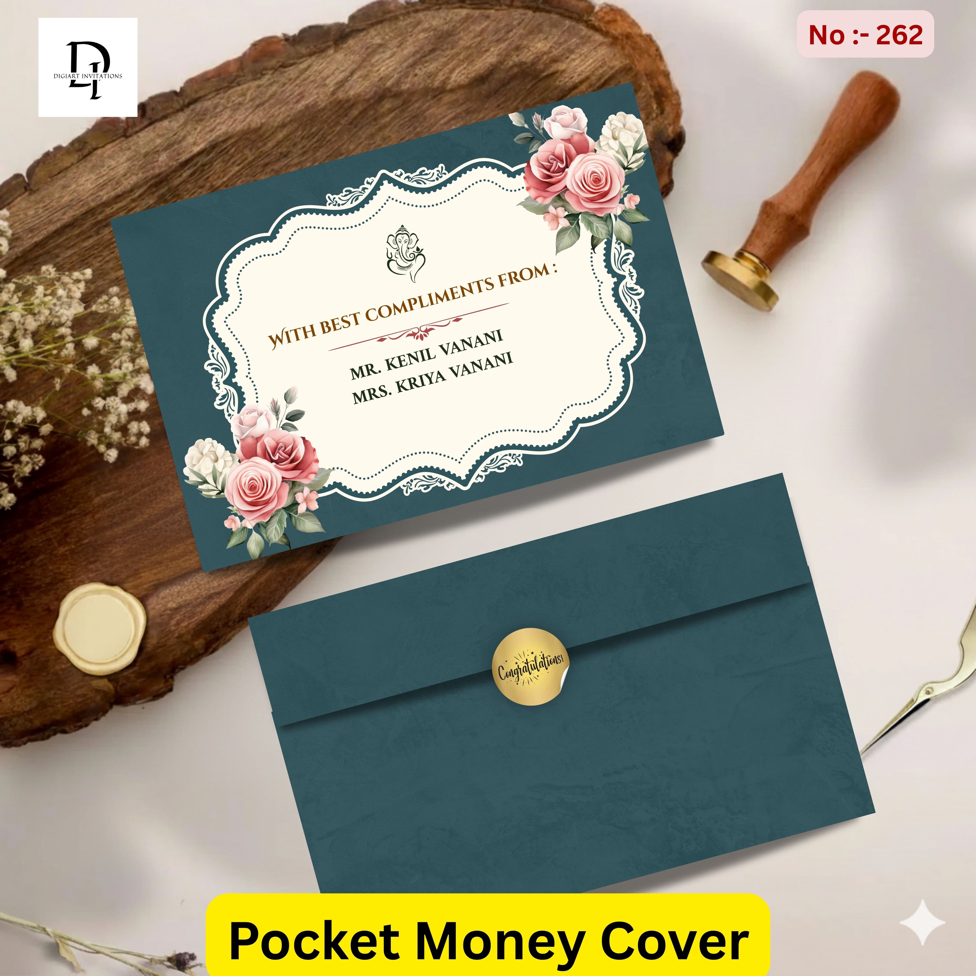 Deep Teal & Pink Roses Pocket Shagun Cover