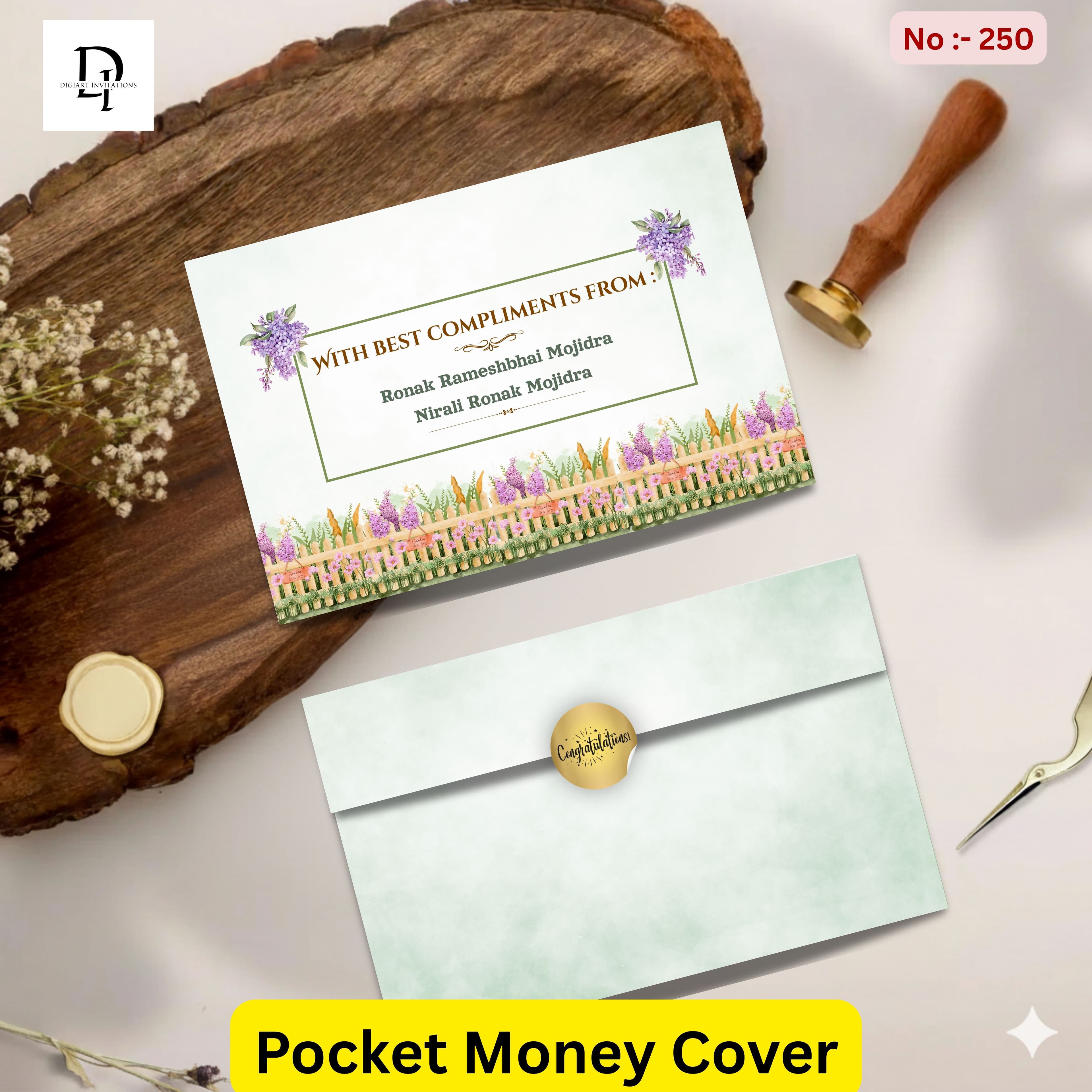 Rustic Garden Fence & Purple Florals Pocket Shagun Cover