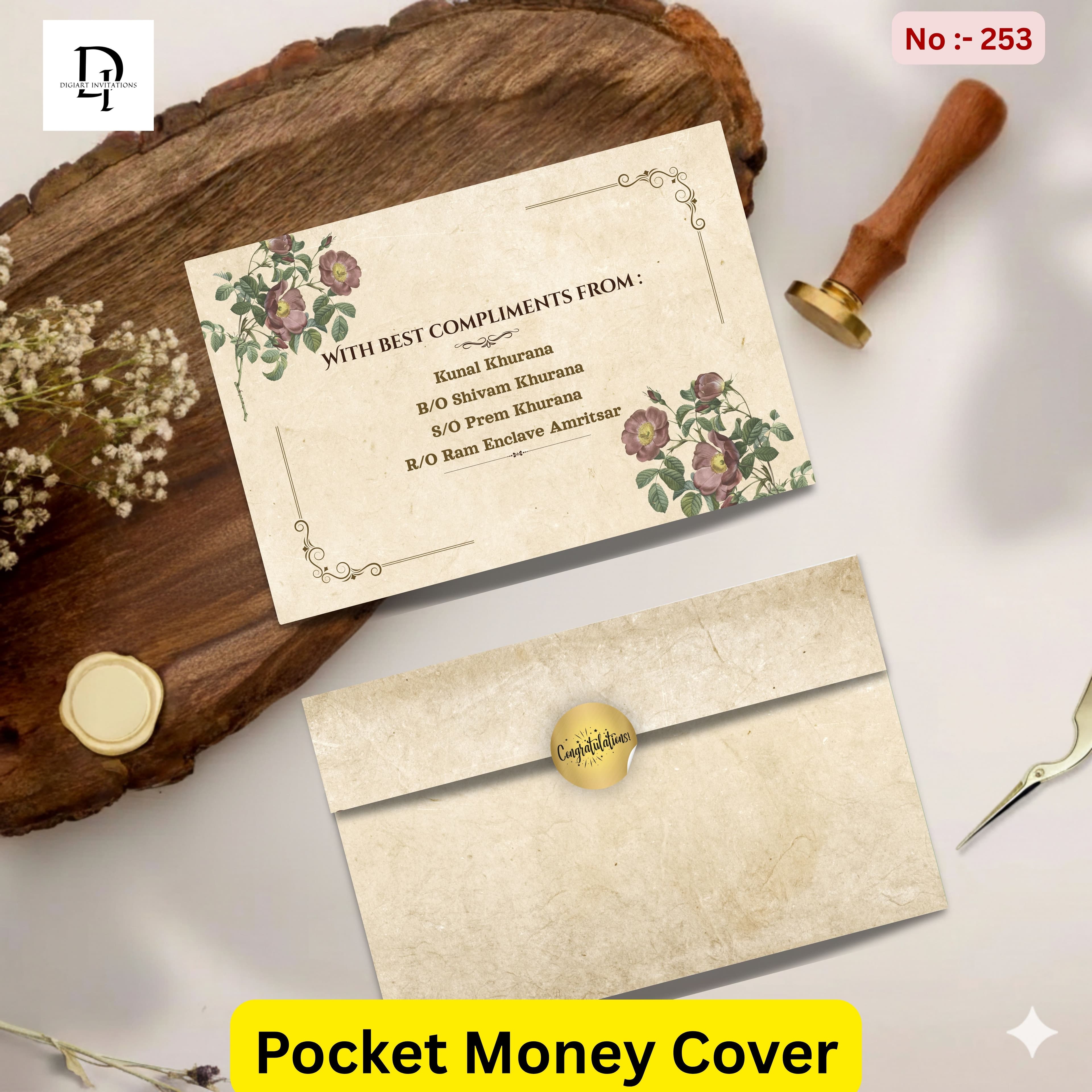 Vintage Botanical Rose & Parchment Pocket Shagun Cover